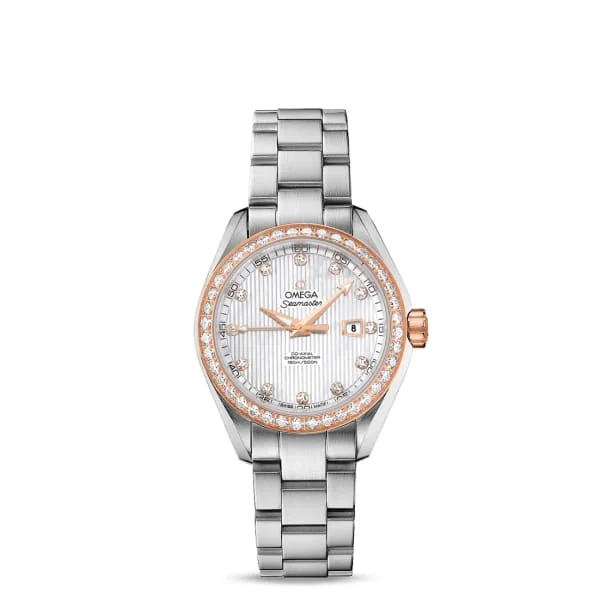 Omega Watches: Crafted for the Modern Age –Omega Seamaster 34mm Watch - Ref: 231.25.34.20.55.003 - White Mother of Pearl Diamond Index Dial & Diamond Bezel in 18K Rose Gold Case, Stainless Steel Bracelet