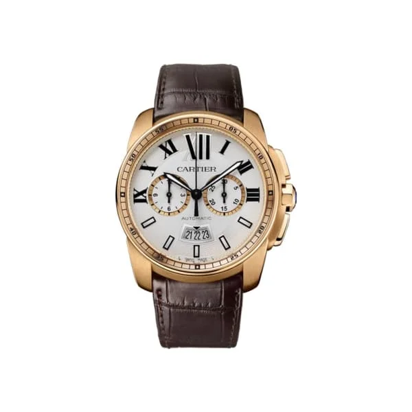 Cartier Watches: The Ultimate in Swiss Craftsmanship –Cartier Calibre de Cartier 42mm Watch - Ref: W7100044 - Silver Roman Dial in 18K Rose Gold Case, Brown Leather Strap