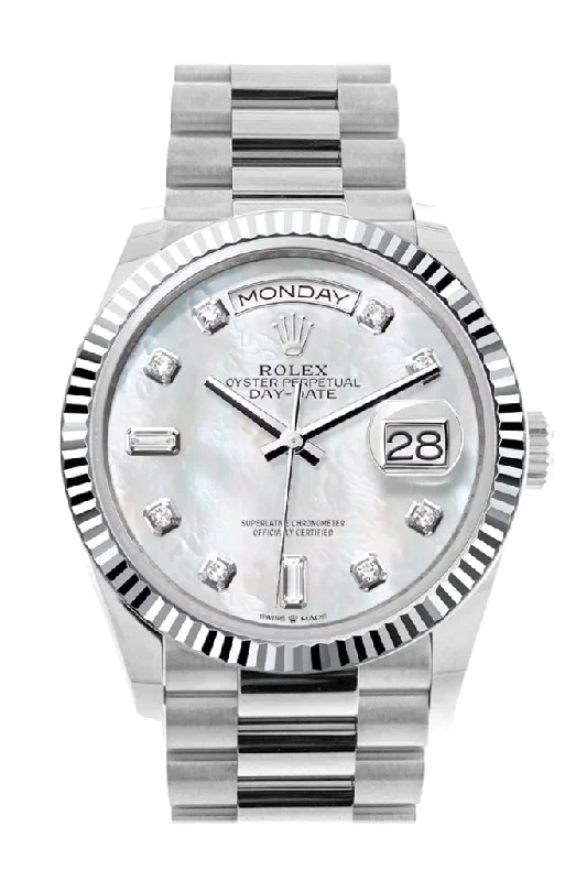 Discover Iconic Rolex Timepieces with Unmatched Craftsmanship –Rolex Day-Date 36 Mother of Pearl Diamond Dial Fluted Bezel Platinum President Watch 128236