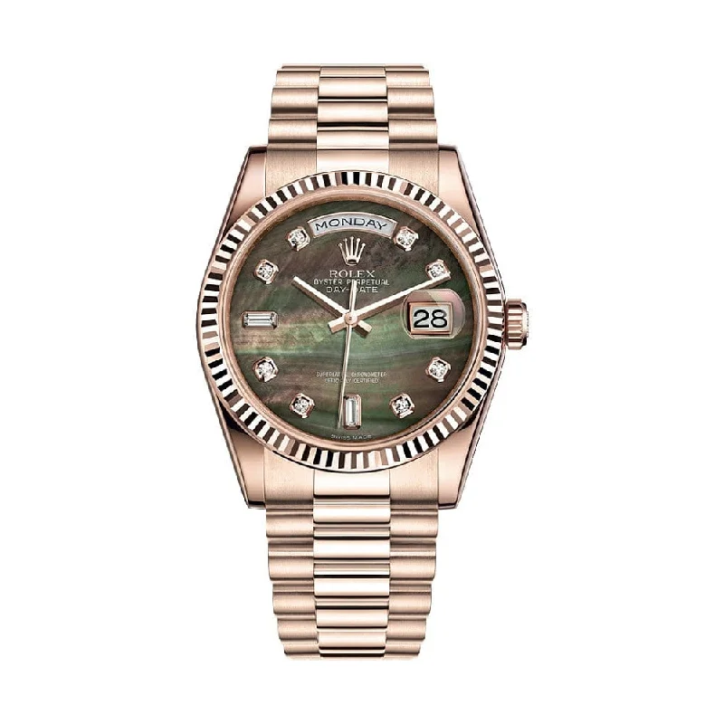 Discover the Ultimate Rolex Watch Collection –Rolex Day-Date 118235F Rose Gold Black Mother of Pearl Diamond Dial