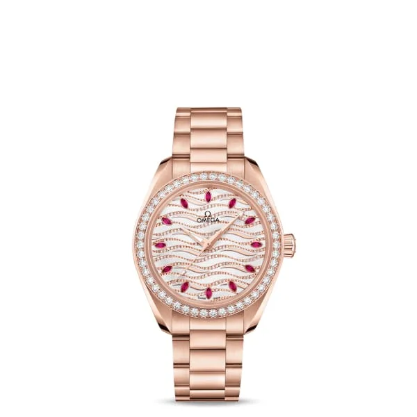 Shop Omega Watches for Lasting Quality –Omega Seamaster 34mm Watch - Ref: 220.55.34.20.99.004 - White Pave Diamond Ruby Index Dial & Diamond Bezel, 18K Rose Gold Bracelet