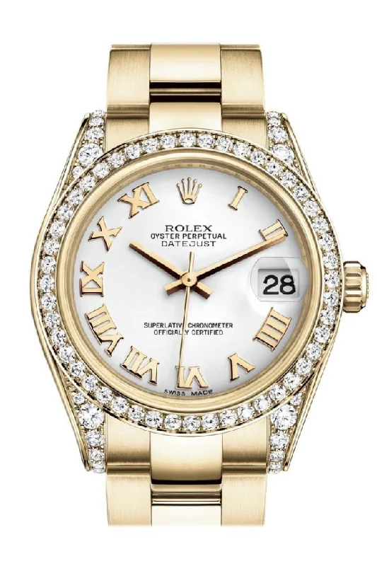 Discover Classic Rolex Timepieces Now –Rolex Datejust 31 White Roman Dial Diamond Bezel Lug 18K Yellow Gold Ladies Watch 178158 Pre-owned