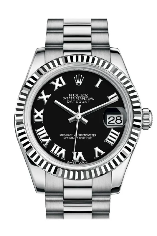 Rolex Watches: A Tradition of Excellence –Rolex Datejust 31 Black Roman Dial Fluted Bezel 18K White Gold President Ladies Watch 178279 Pre-owned