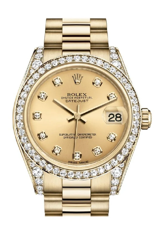 Find Rare Rolex Models Online –Rolex Datejust 31 Champagne Diamond Dial Diamond Bezel Lug 18K Yellow Gold President Ladies Watch 178158 Pre-owned