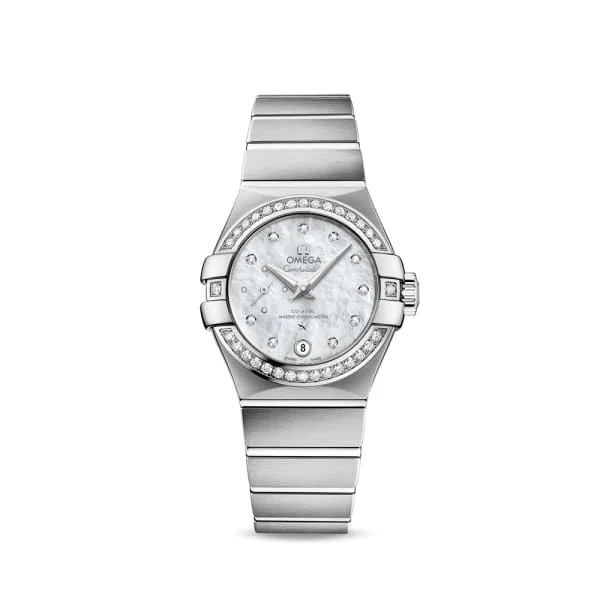 Discover Omega Watches for Timeless Style –Omega Constellation 27mm Watch - Ref: 127.15.27.20.55.001 - White Mother of Pearl Diamond Index Dial & Diamond Bezel, Stainless Steel Bracelet