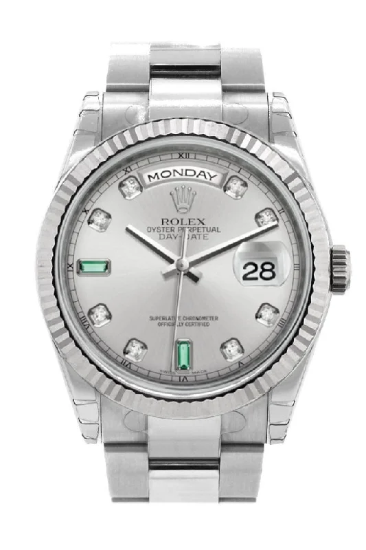 Discover Rolex Watches with Perfect Craftsmanship –Rolex Day-Date 36 Rhodium set with Diamonds and emeralds Dial Fluted Bezel Oyster White Gold Watch 118239