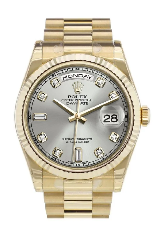 Discover Your Perfect Rolex Watch Today –Rolex Day-Date 36 Silver set with diamonds Dial Fluted Bezel President Yellow Gold Watch 118238