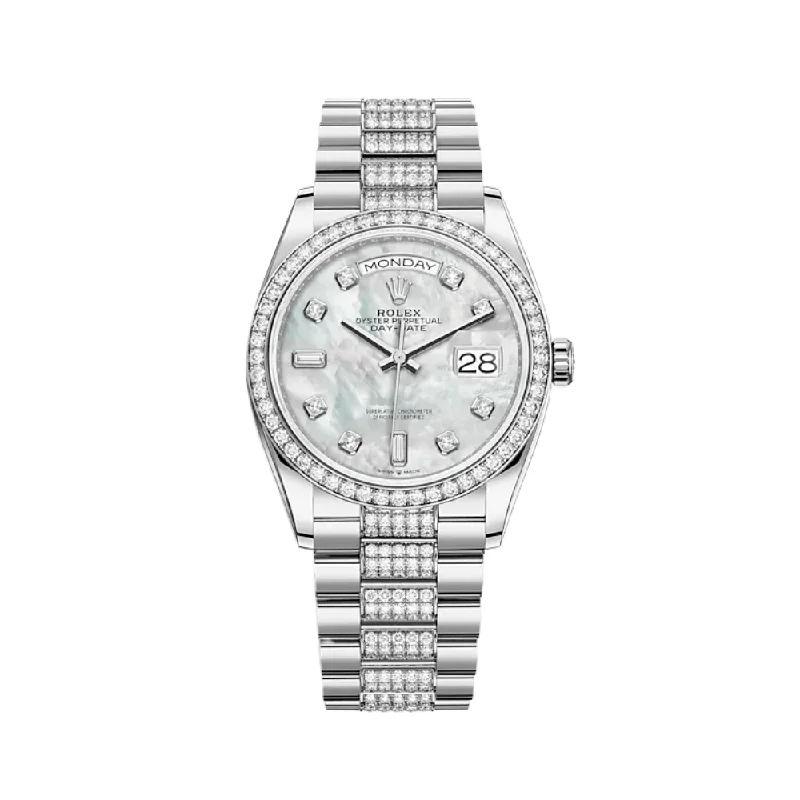 Luxury Rolex Watches for Collectors –Rolex Day-Date 128349RBR White Gold Diamond Bezel Mother of Pearl Diamond Dial