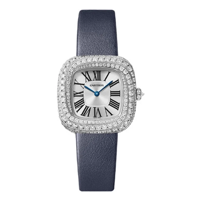 Explore the Best Cartier Watches for Investment –Cartier Coussin de Cartier 31.1mm Women's watch - Ref: WJCS0003 - Silver Roman Dial & Diamond Bezel in 18K White Gold Case, Blue Calfskin Strap