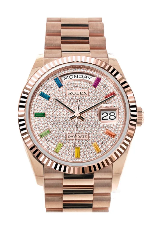 Find Exclusive Rolex Watches –Rolex Day-Date 36 Diamond Paved Dial Fluted Bezel 18K Everose gold President Watch 128235