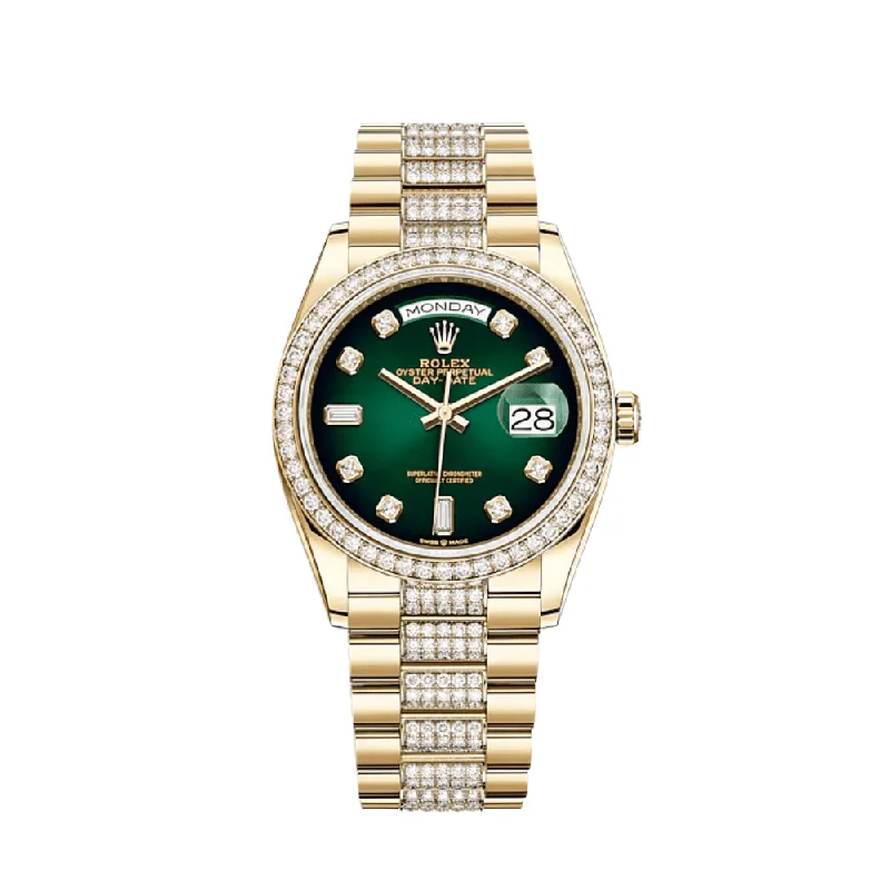 Rolex Watches for Ultimate Luxury –Rolex Day-Date 128348RBR Yellow Gold Diamond Bezel Green Diamond Dial