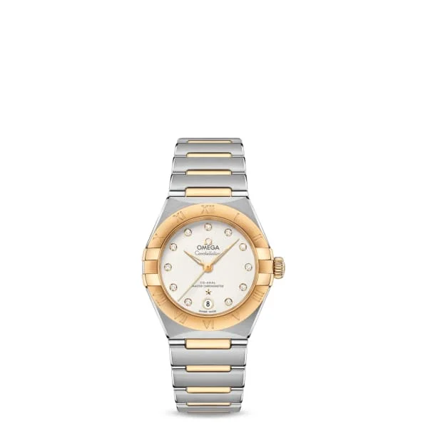 Shop Omega Watches for Iconic Designs –Omega Constellation 29mm Watch - Ref: 131.20.29.20.52.002 - White Diamond Index Dial & 18K Yellow Gold Bezel, Two Tone Stainless Steel & 18K Yellow Gold Bracelet