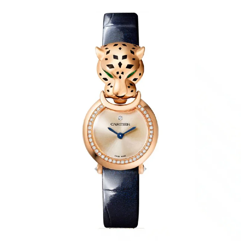 Find Cartier Watches with Iconic Elegance –Cartier Panthere de Cartier 23.6mm Women's watch - Ref: HPI01609 - Pink Dial & Diamond Bezel in 18K Rose Gold Case, Blue Alligator Strap