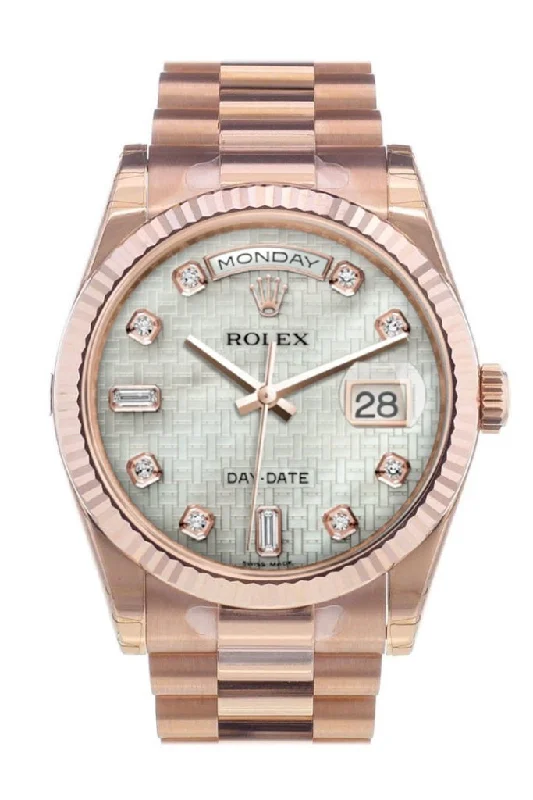 Discover Your Next Rolex Watch Today –Rolex Day-Date 36 White mother-of-pearl with oxford motif set with diamonds Dial Fluted Bezel President Everose Gold Watch 118235