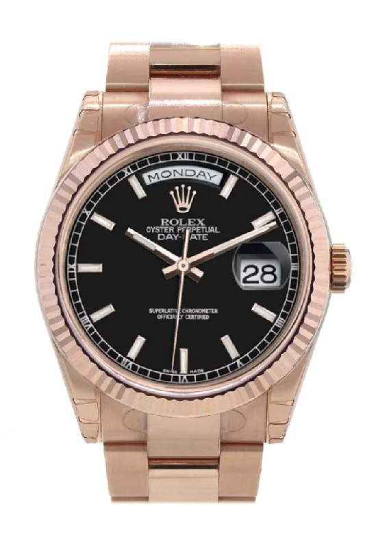 Shop for Classic Rolex Watches Online –Rolex Day-Date 36 Black Dial Fluted Bezel Oyster Everose Gold Watch 118235