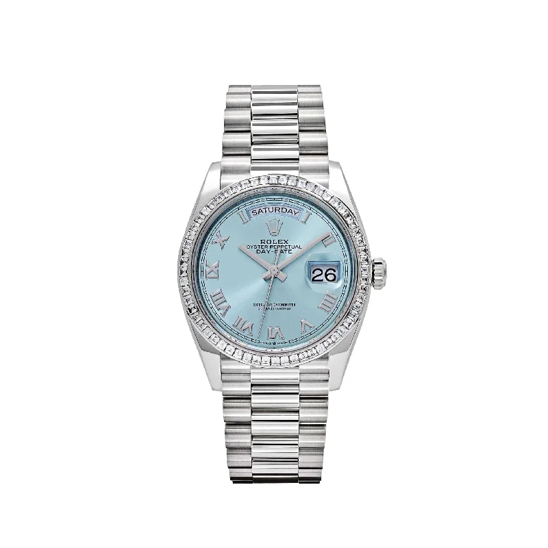 Rolex Watches for the Luxury Collector –Rolex Day-Date 128396TBR Platinum Ice Blue Dial Diamond Bezel (2024)