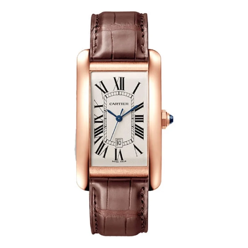 Find Cartier Watches with Distinctive Appeal –Cartier Tank Americaine 45.1mm Watch - Ref: WGTA0047 - Silver Roman Dial in 18K Rose Gold Case, Brown Alligator Strap