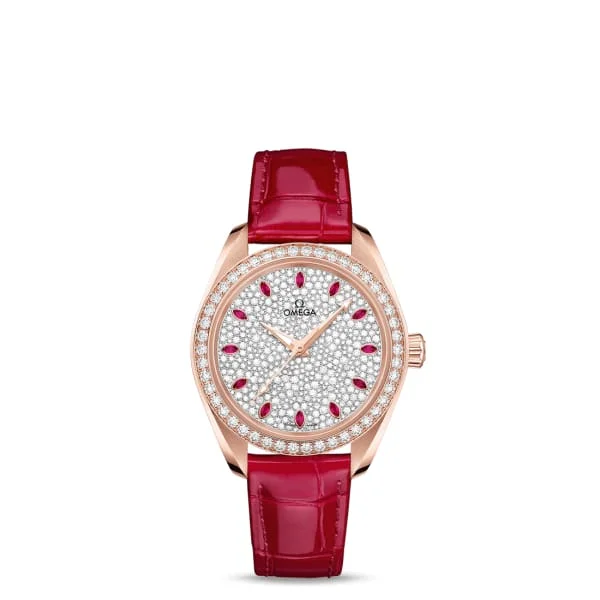 Shop Omega Watches for Enduring Value –Omega Seamaster 34mm Watch - Ref: 220.58.34.20.99.001 - White Pave Diamond Ruby Index Dial & Diamond Bezel in 18K Rose Gold Case, Red Leather Strap