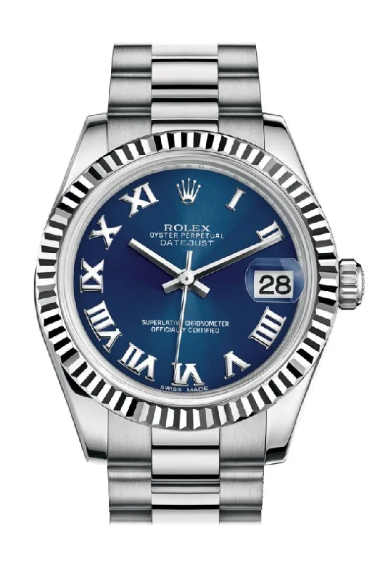 Find Exclusive Rolex Watches –Rolex Datejust 31 Blue Roman Dial Fluted Bezel 18K White Gold President Ladies Watch 178279 Pre-owned