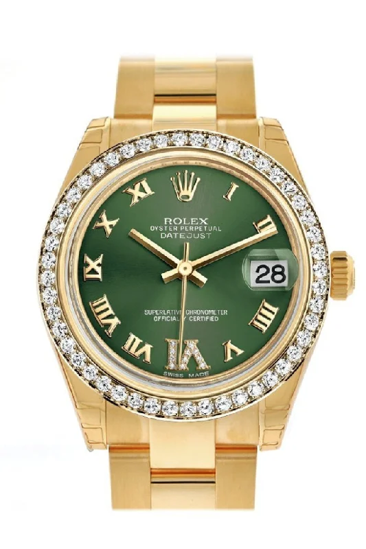 Shop for Classic Rolex Watches Today –Rolex Datejust 31 Olive Green VI Diamonds Dial Diamond Bezel 18K Yellow Gold Ladies Watch 178288 Pre-owned