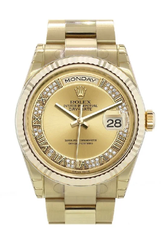 Shop Rare and Exclusive Rolex Watches –Rolex Day-Date 36 Champagne-colour set with diamonds Dial Fluted Bezel Yellow Gold Watch 118238