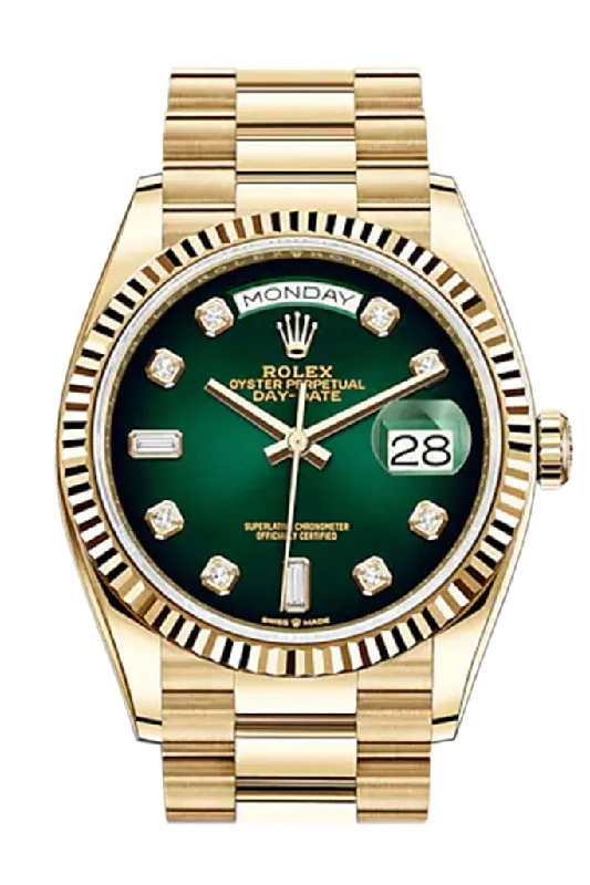 Discover Rolex Watches with Perfect Craftsmanship –ROLEX Day-Date 36 Green Ombre Diamond Dial 18K Yellow Gold Watch 128238