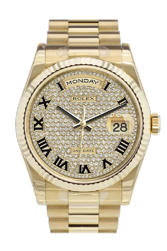 Shop for Rolex Watches for Unmatched Elegance –Rolex Day-Date 36 Diamond-paved Dial Fluted Bezel President Yellow Gold Watch 118238