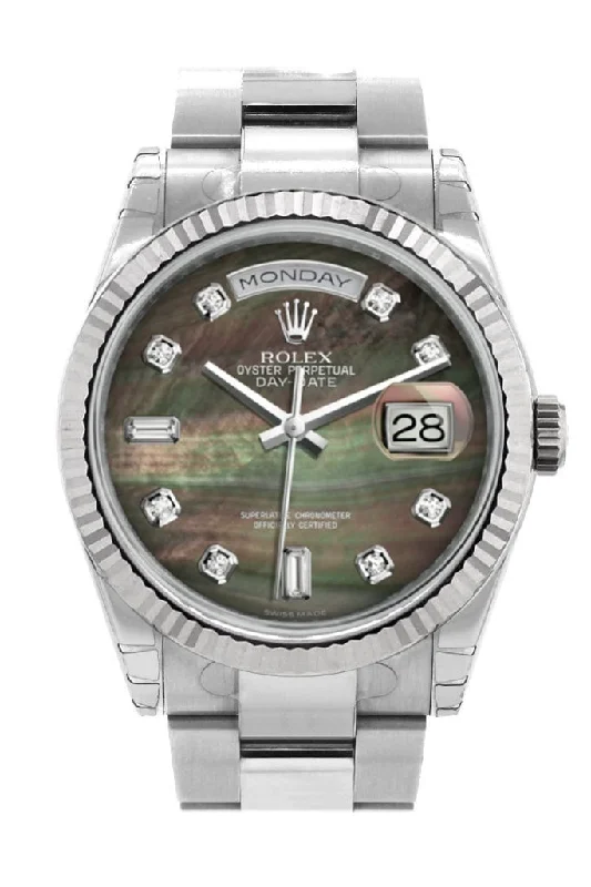 Find Rolex Watches with Legendary Status –Rolex Day-Date 36 Black mother-of-pearl set with Diamonds Dial Fluted Bezel Oyster White Gold Watch 118239