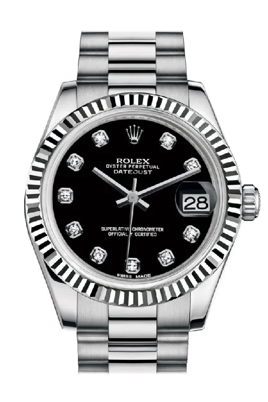 Rare Rolex Watches Online –Rolex Datejust 31 Black Diamond Dial Fluted Bezel 18K White Gold President Ladies Watch 178279 Pre-owned