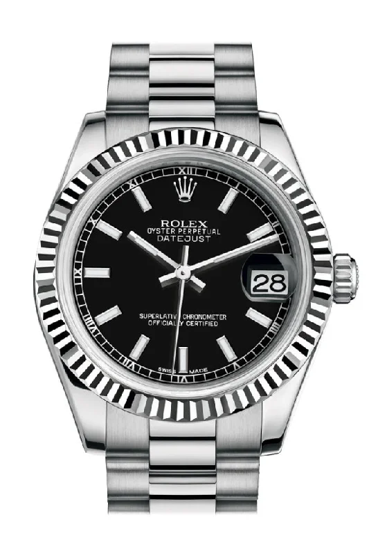 Rolex Watches for the Ultimate Collector –Rolex Datejust 31 Black Dial Fluted Bezel 18K White Gold President Ladies Watch 178279 Pre-owned