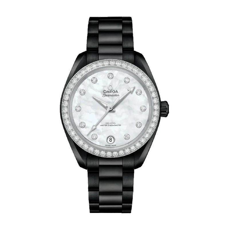 Omega Watches: Designed for the Sophisticated –Omega Seamaster 34mm Watch - Ref: 220.15.34.20.55.001-PVD - White Mother of Pearl Diamond Index Dial & Diamond Bezel, Black PVD Stainless Steel Bracelet