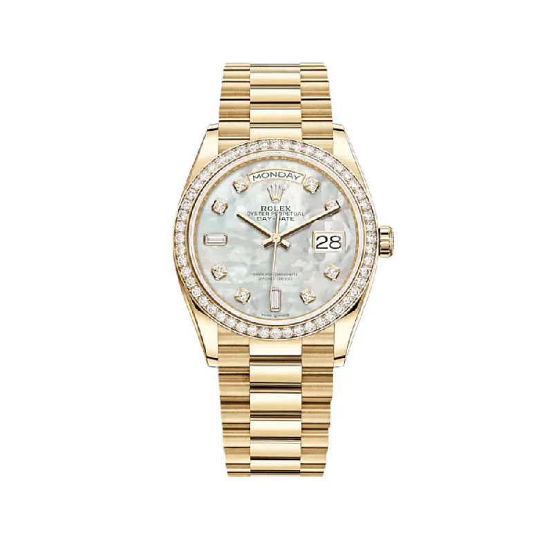 Find Your Perfect Rolex Watch for Every Occasion –Rolex Day-Date 128348RBR Yellow Gold Diamond Bezel Mother of Pearl Diamond Dial