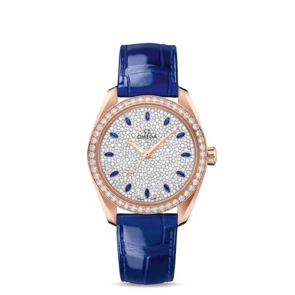 Shop Omega Watches for Timeless Quality and Value –Omega Seamaster 38mm Watch - Ref: 220.58.38.20.99.002 - White Pave Diamond Sapphire Index Dial & Diamond Bezel in 18K Rose Gold Case, Blue Leather Strap