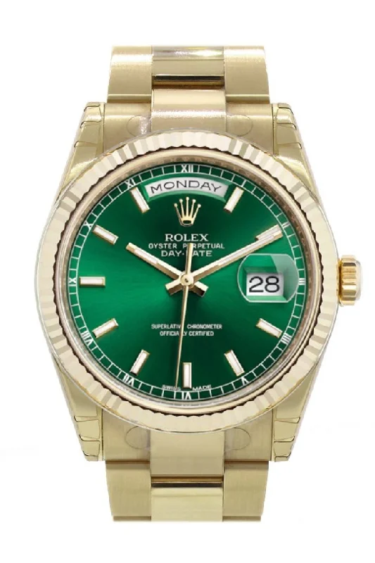 Rolex Watches: Crafted for the Discerning Few –Rolex Day-Date 36 Green Dial Fluted Bezel Yellow Gold Watch 118238