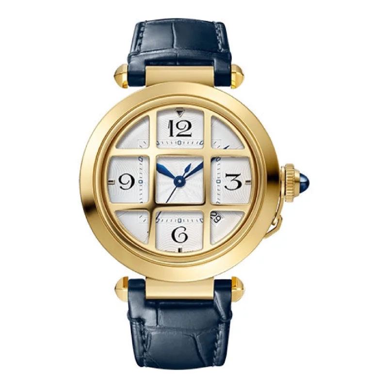 Discover Cartier Watches: Precision and Luxury Combined –Cartier Pasha de Cartier 41mm Watch - Ref: WGPA0019 - Silver Arabic Dial in 18K Yellow Gold Case, Blue Leather Strap