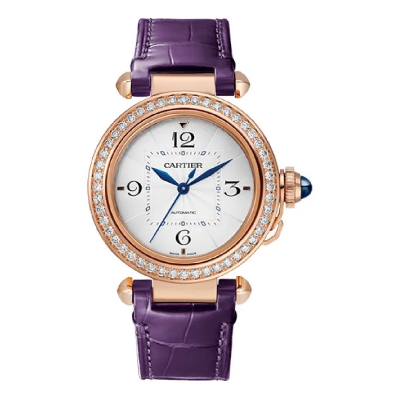 Shop Cartier Watches for Ultimate Quality –Cartier Pasha de Cartier 35mm Women's watch - Ref: WJPA0012 - Silver Arabic Dial & Diamond Bezel in 18K Rose Gold Case, Purple Leather Strap