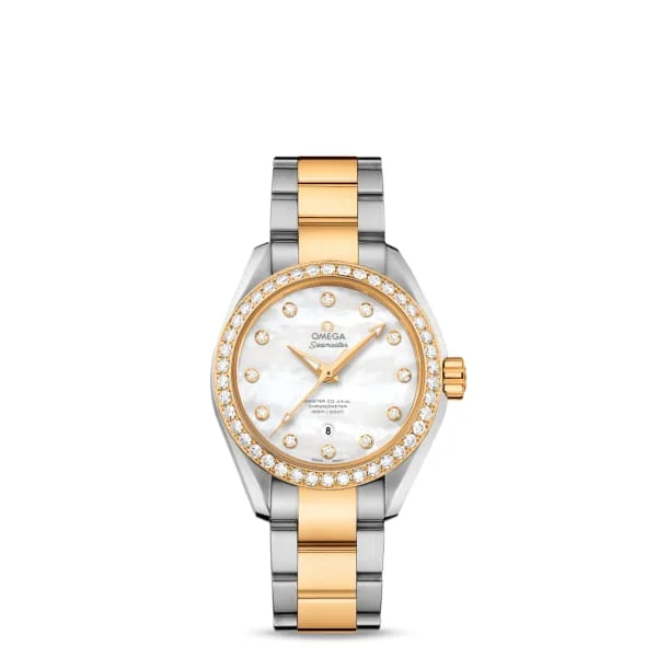 Omega Watches: Designed for the Sophisticated –Omega Seamaster 34mm Watch - Ref: 231.25.34.20.55.006 - White Mother of Pearl Diamond Index Dial & Diamond Bezel, Two Tone Stainless Steel & 18K Yellow Gold Bracelet