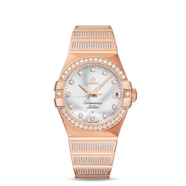 Omega Watches: Timeless Design and Craftsmanship –Omega Constellation 38mm Watch - Ref: 123.55.38.21.52.005 - Silver Diamond Index Dial & Diamond Bezel, 18K Rose Gold Diamond Bracelet