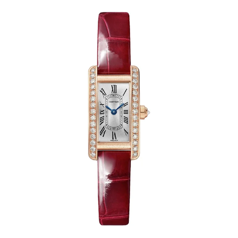 Discover Cartier Watches for Every Taste –Cartier Tank Americaine 28mm Women's watch - Ref: WJTA0041 - Silver Roman Dial & Diamond Bezel in 18K Rose Gold Case, Red Alligator Strap