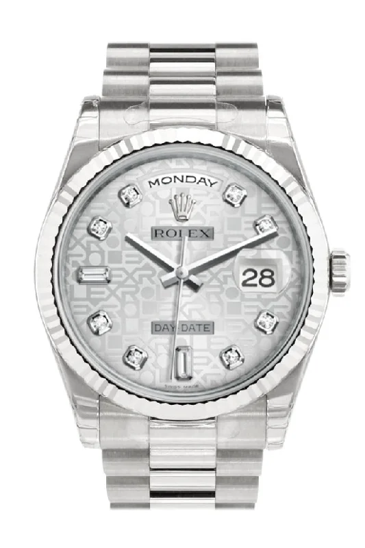 Rolex Watches: Designed for Excellence –Rolex Day-Date 36 Silver Jubilee design set with Diamonds Dial Fluted Bezel President White Gold Watch 118239