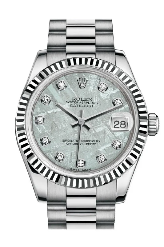 Discover the Most Popular Rolex Models Now –Rolex Datejust 31 Meteorite Diamond Dial Fluted Bezel 18K White Gold President Ladies Watch 178279 Pre-owned