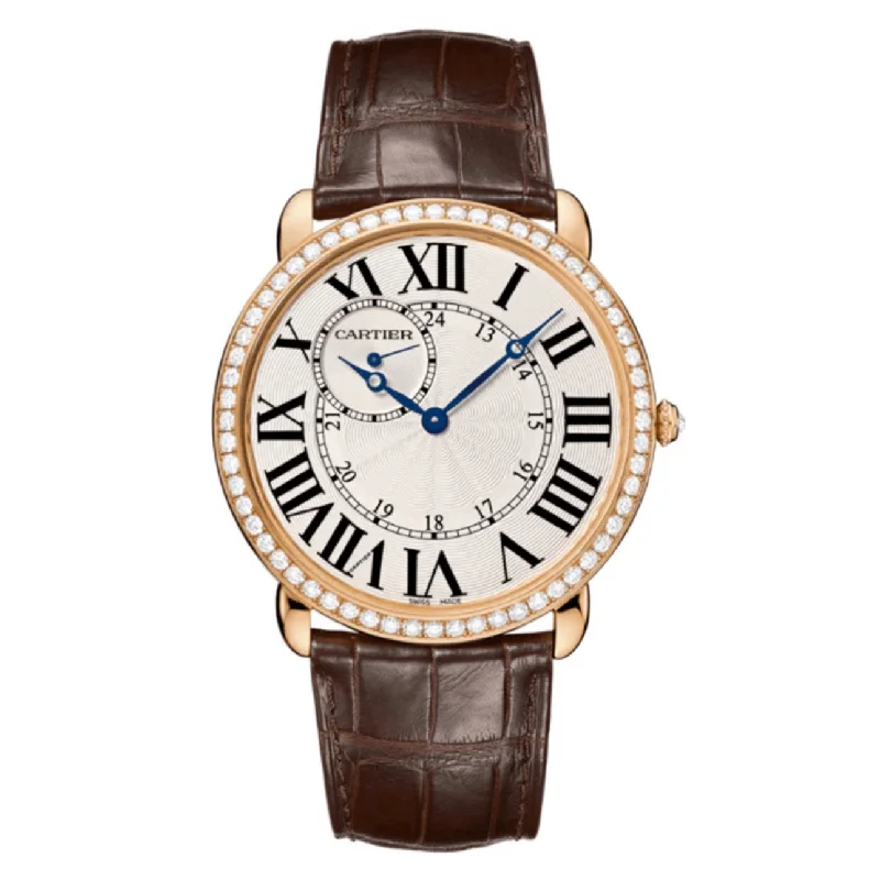 Find Iconic Cartier Watches for Your Collection –Cartier Ronde Solo de Cartier 42mm Watch - Ref: WR007001 - Silver Roman & Arabic Dial & Diamond Bezel in 18K Rose Gold Case, Brown Alligator Strap