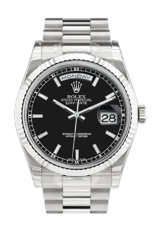 Rolex Watches: Legendary Style and Quality –Rolex Day-Date 36 Black Dial Fluted Bezel President White Gold Watch 118239