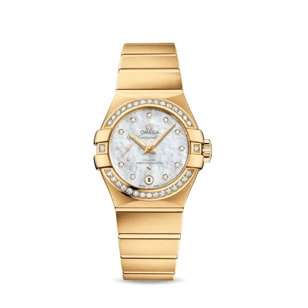 Shop Omega Watches for Ultimate Performance –Omega Constellation 27mm Watch - Ref: 127.55.27.20.55.002 - White Mother of Pearl Diamond Index Dial & Diamond Bezel, 18K Yellow Gold Bracelet