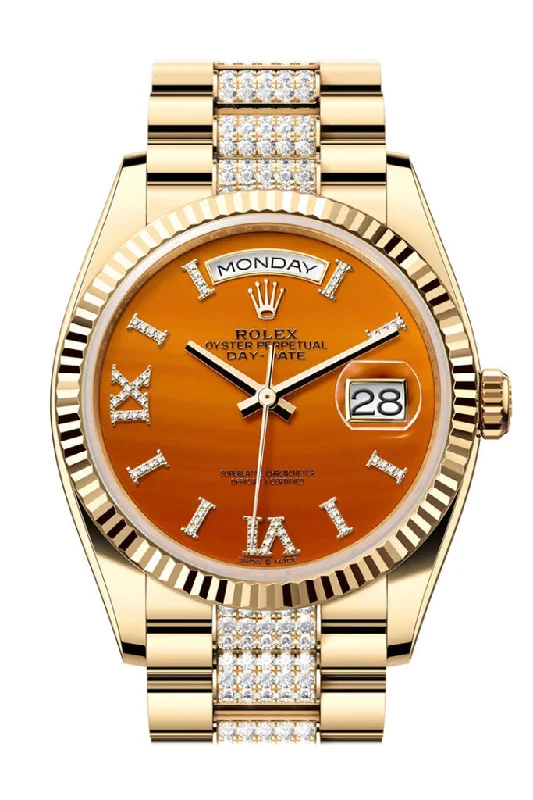 Find Exclusive Rolex Watches –Rolex Day-Date 36 Carnelian Dial Gold Fluted Bezel Diamond Bracelet Yellow Gold Watch 128238