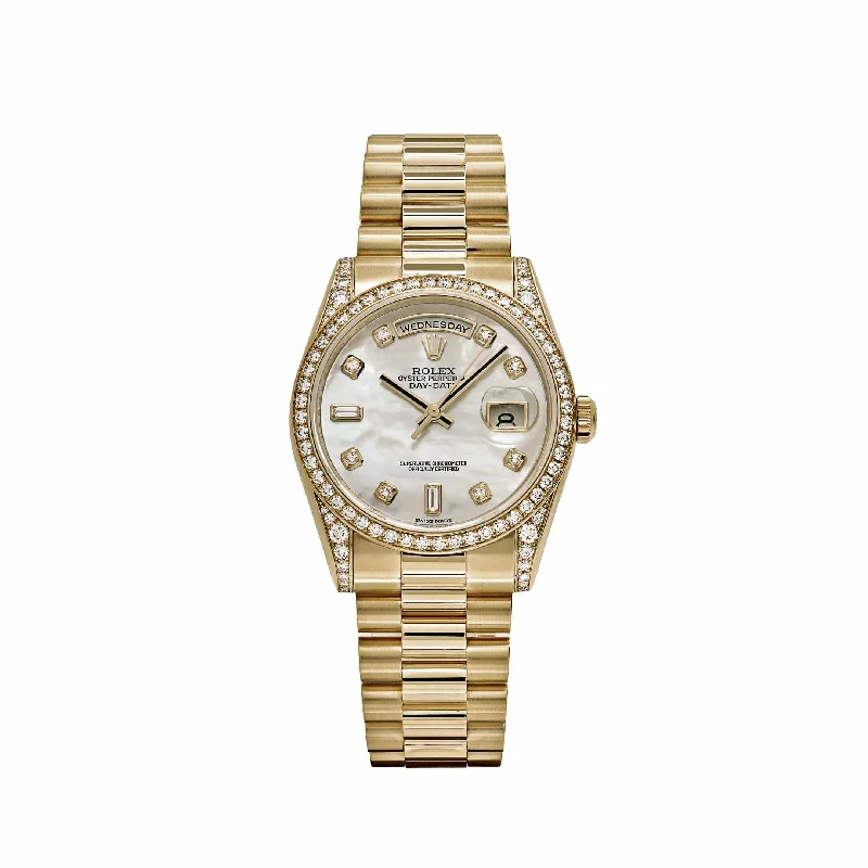 Discover Rolex Timepieces –Rolex Day-Date 118388 Yellow Gold White Mother of Pearl Dial Diamond Bezel (2008)