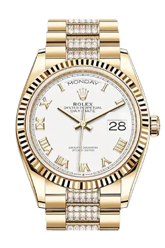 Discover the Best Rolex Models Available –ROLEX Day-Date 36 White Roman Dial 18K Yellow Gold Watch Diamond set president Bracelet 128238 DC