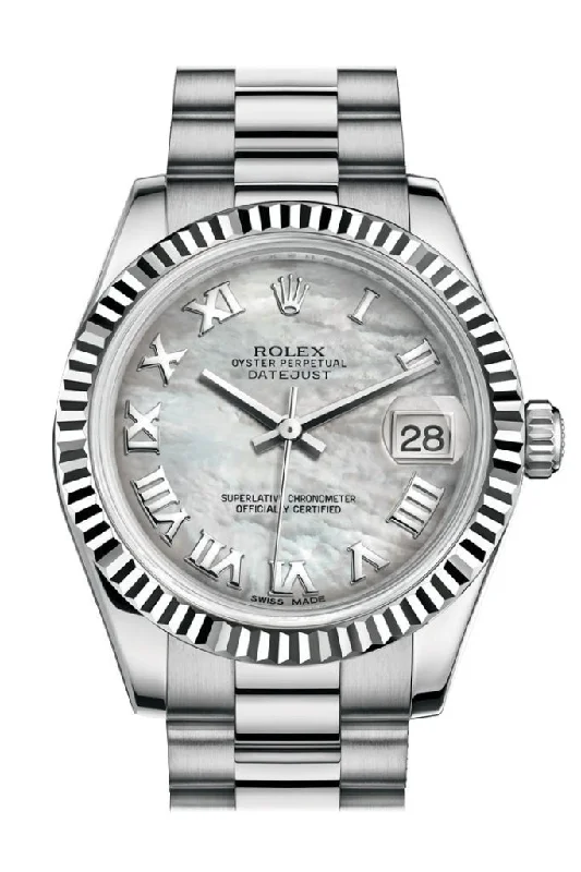 Discover Rolex Timepieces –Rolex Datejust 31 White mother-of-pearl Roman Dial Fluted Bezel 18K White Gold President Ladies Watch 178279 Pre-owned