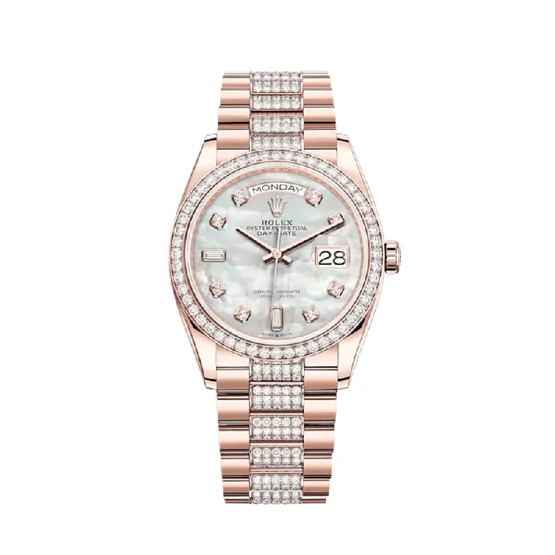 Explore the Best Rolex Timepieces –Rolex Day-Date 128345RBR Rose Gold Diamond Bezel Mother of Pearl Diamond Dial