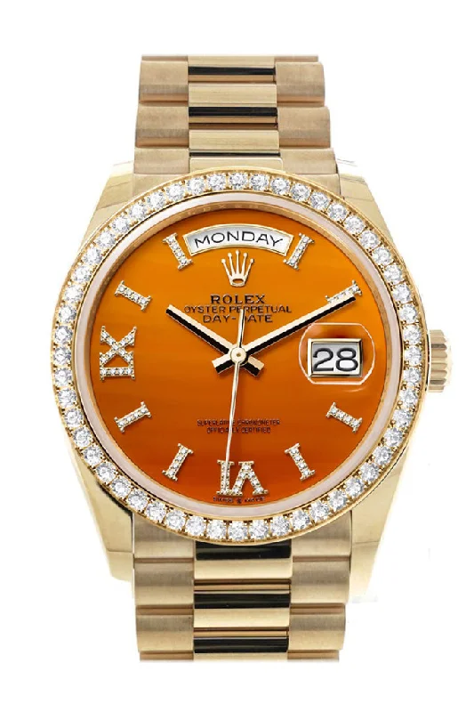 Rare Rolex Timepieces for Sale –Rolex Day-Date 36 Carnelian Dial Gold Diamond Bezel Watch 128348RBR-0049 128348RBR